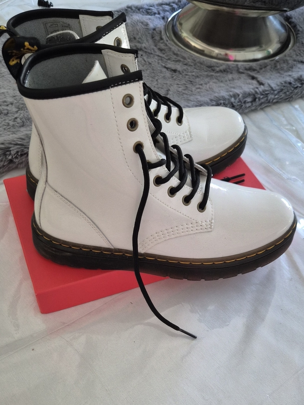 Dr. Martens Women's White Leather Lace-Up Combat Boots with Black Trim